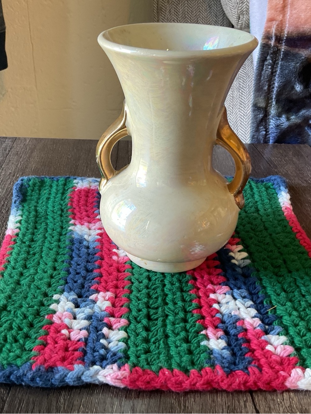 Iridescent Cream Ceramic Vase with Gold-Tone Handles